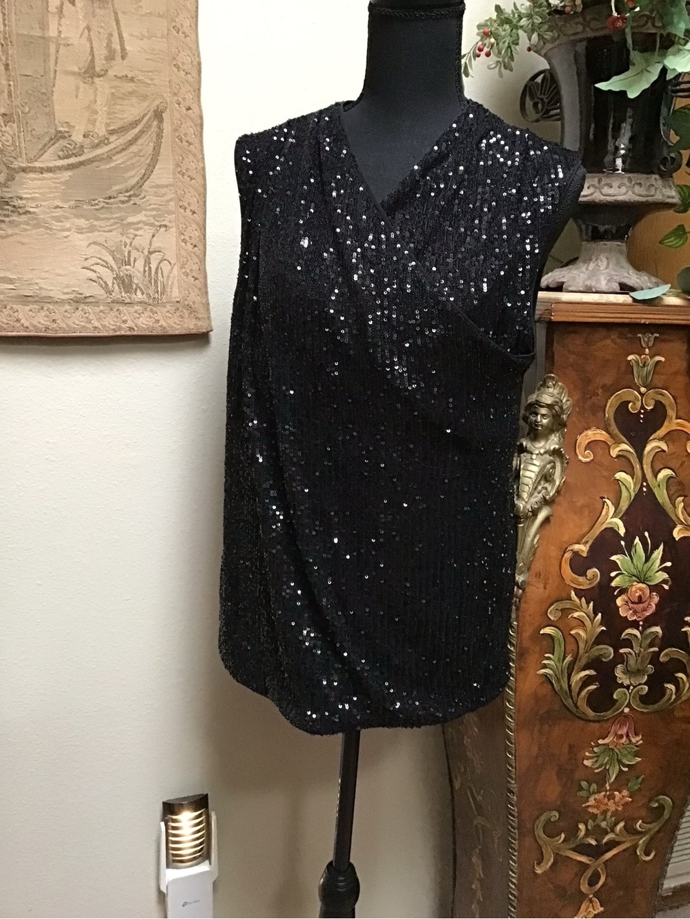 Black Sequin Sleeveless V-Neck Top